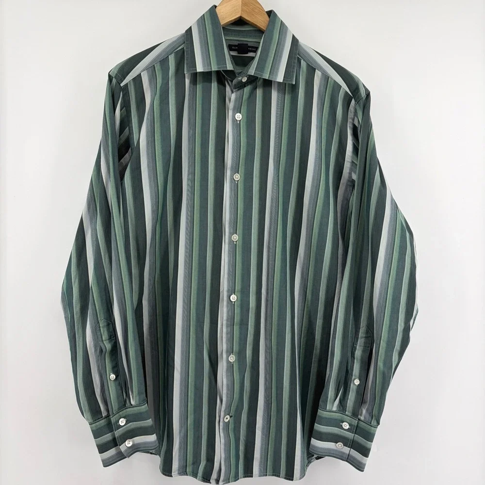 Banana Republic Mens Green Striped Long Sleeve Button Down Shirt 15-15 1/2